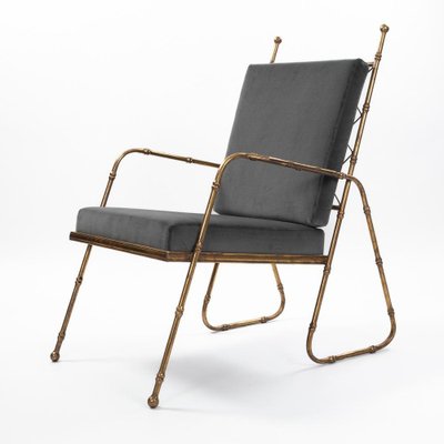 Mid-Century French Gilt Iron and Faux Bamboo Armchairs in Grey Velvet, 1980s, Set of 2-SER-2033093