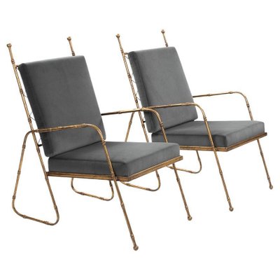 Mid-Century French Gilt Iron and Faux Bamboo Armchairs in Grey Velvet, 1980s, Set of 2-SER-2033093