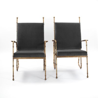 Mid-Century French Gilt Iron and Faux Bamboo Armchairs in Grey Velvet, 1980s, Set of 2-SER-2033093