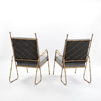 Mid-Century French Gilt Iron and Faux Bamboo Armchairs in Grey Velvet, 1980s, Set of 2-SER-2033093