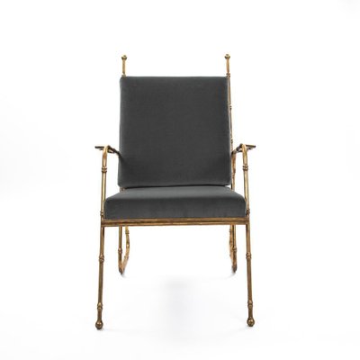 Mid-Century French Gilt Iron and Faux Bamboo Armchairs in Grey Velvet, 1980s, Set of 2-SER-2033093