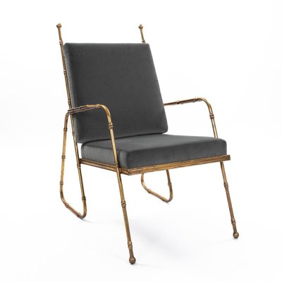 Mid-Century French Gilt Iron and Faux Bamboo Armchairs in Grey Velvet, 1980s, Set of 2-SER-2033093