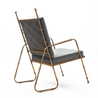 Mid-Century French Gilt Iron and Faux Bamboo Armchairs in Grey Velvet, 1980s, Set of 2-SER-2033093