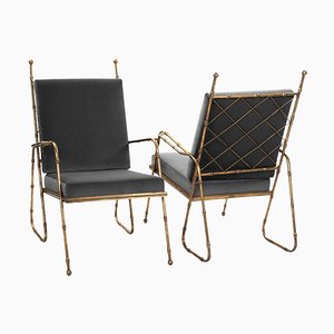 Mid-Century French Gilt Iron and Faux Bamboo Armchairs in Grey Velvet, 1980s, Set of 2-SER-2033093