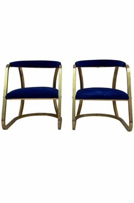 Mid-Century French Gold Brass Armchairs with Blue Velvet Upholstery, 1940s, Set of 2-NOU-1220608