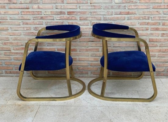 Mid-Century French Gold Brass Armchairs with Blue Velvet Upholstery, 1940s, Set of 2-NOU-1220608