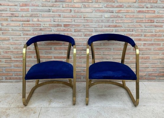 Mid-Century French Gold Brass Armchairs with Blue Velvet Upholstery, 1940s, Set of 2-NOU-1220608