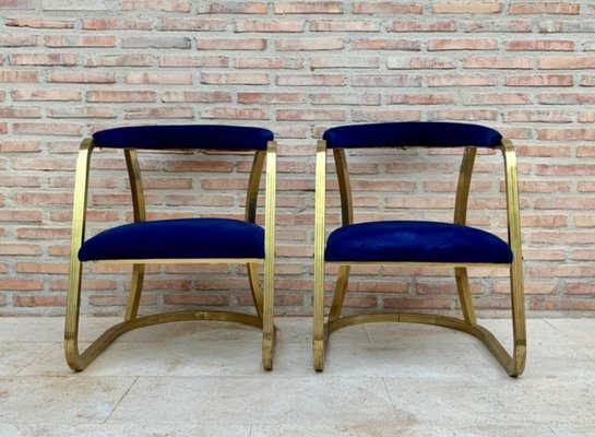 Mid-Century French Gold Brass Armchairs with Blue Velvet Upholstery, 1940s, Set of 2-NOU-1220608