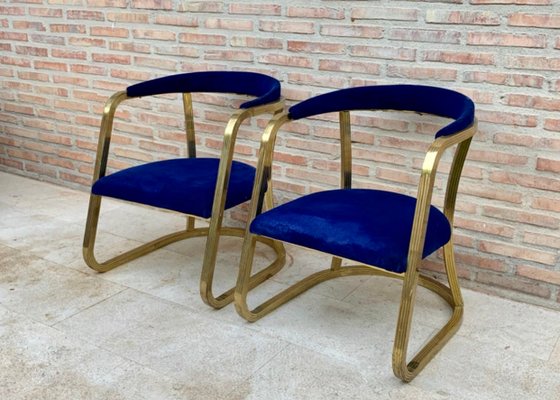 Mid-Century French Gold Brass Armchairs with Blue Velvet Upholstery, 1940s, Set of 2-NOU-1220608