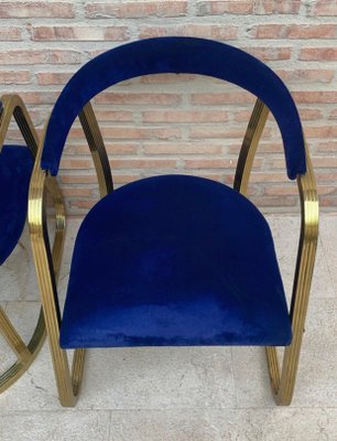 Mid-Century French Gold Brass Armchairs with Blue Velvet Upholstery, 1940s, Set of 2-NOU-1220608