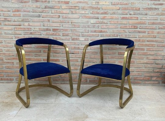 Mid-Century French Gold Brass Armchairs with Blue Velvet Upholstery, 1940s, Set of 2-NOU-1220608