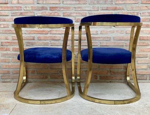 Mid-Century French Gold Brass Armchairs with Blue Velvet Upholstery, 1940s, Set of 2-NOU-1220608