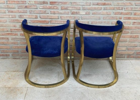 Mid-Century French Gold Brass Armchairs with Blue Velvet Upholstery, 1940s, Set of 2-NOU-1220608