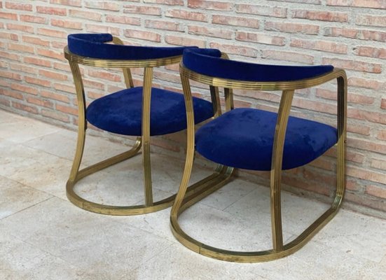 Mid-Century French Gold Brass Armchairs with Blue Velvet Upholstery, 1940s, Set of 2-NOU-1220608