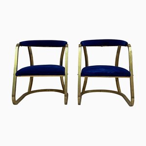 Mid-Century French Gold Brass Armchairs with Blue Velvet Upholstery, 1940s, Set of 2-NOU-1220608