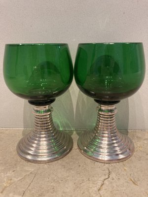 Mid-Century French Green Glass Punch Bowl with Top & Cups or Glasses, 1950s, Set of 3-NOU-800832