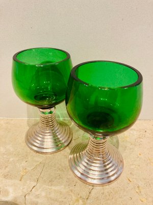 Mid-Century French Green Glass Punch Bowl with Top & Cups or Glasses, 1950s, Set of 3-NOU-800832