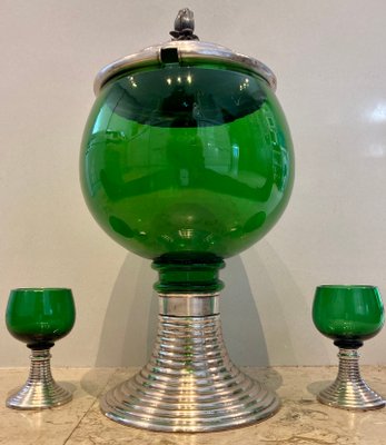 Mid-Century French Green Glass Punch Bowl with Top & Cups or Glasses, 1950s, Set of 3-NOU-800832