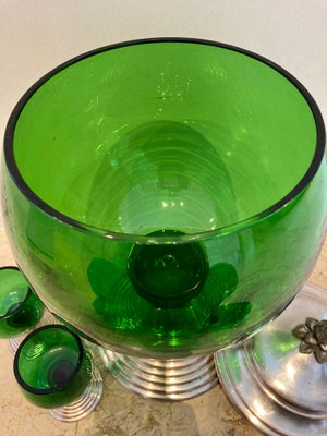 Mid-Century French Green Glass Punch Bowl with Top & Cups or Glasses, 1950s, Set of 3-NOU-800832