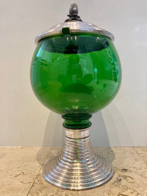 Mid-Century French Green Glass Punch Bowl with Top & Cups or Glasses, 1950s, Set of 3-NOU-800832