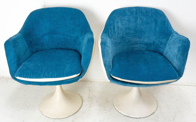 Mid-Century French Metal and Velvet Tulip Foot Armchairs, 1970s, Set of 2-RIU-1420990