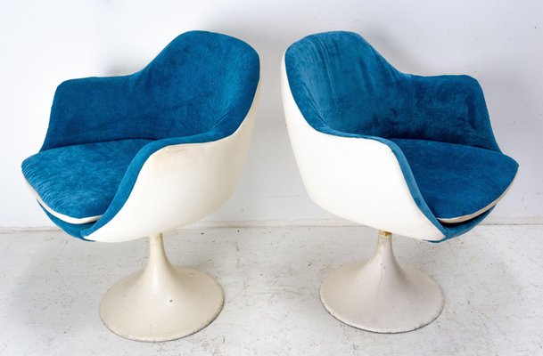 Mid-Century French Metal and Velvet Tulip Foot Armchairs, 1970s, Set of 2-RIU-1420990