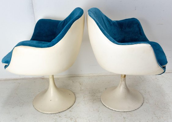 Mid-Century French Metal and Velvet Tulip Foot Armchairs, 1970s, Set of 2-RIU-1420990