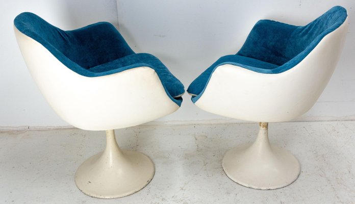 Mid-Century French Metal and Velvet Tulip Foot Armchairs, 1970s, Set of 2-RIU-1420990