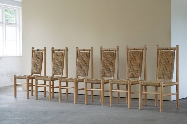 Mid-Century French Naturalist Woven Chairs in Solid Elm by Pierre Chapo, 1960s, Set of 6-MXF-950920