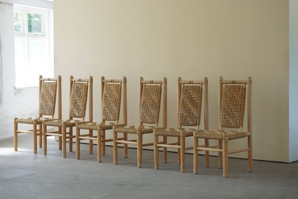 Mid-Century French Naturalist Woven Chairs in Solid Elm by Pierre Chapo, 1960s, Set of 6-MXF-950920