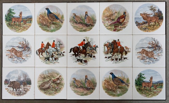 Mid-Century French Nesting Tables with Hunting Sceneries & Fishes Tile Top, Set of 3-RIU-901300