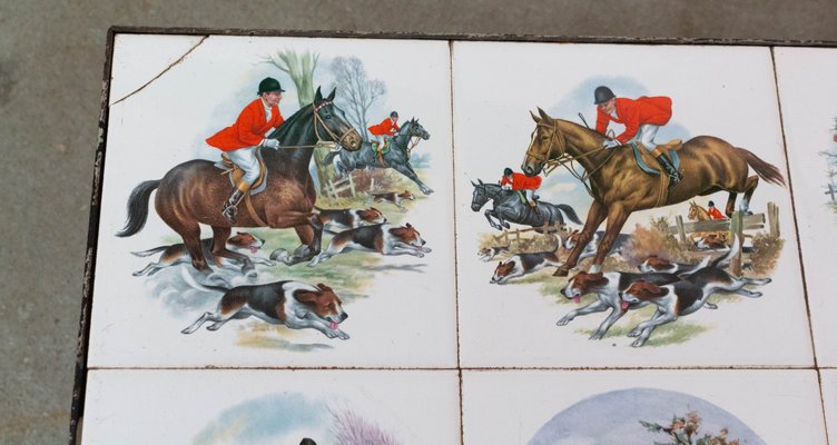 Mid-Century French Nesting Tables with Hunting Sceneries & Fishes Tile Top, Set of 3-RIU-901300