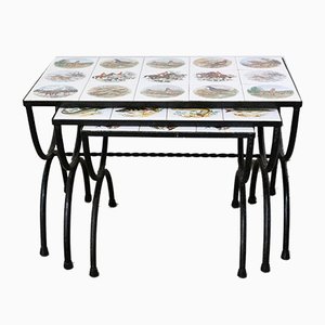 Mid-Century French Nesting Tables with Hunting Sceneries & Fishes Tile Top, Set of 3-RIU-901300