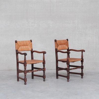 Mid-Century French Oak and Rush Armchairs, Set of 2-JRP-1115073