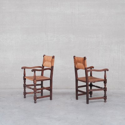 Mid-Century French Oak and Rush Armchairs, Set of 2-JRP-1115073