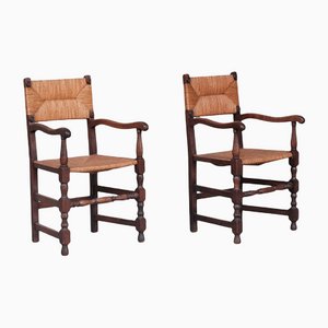 Mid-Century French Oak and Rush Armchairs, Set of 2-JRP-1115073