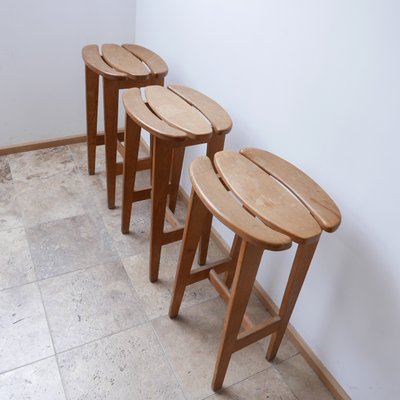 Mid-Century French Oak Bar Stools by Guillerme et Chambron, Set of 3-JRP-996762