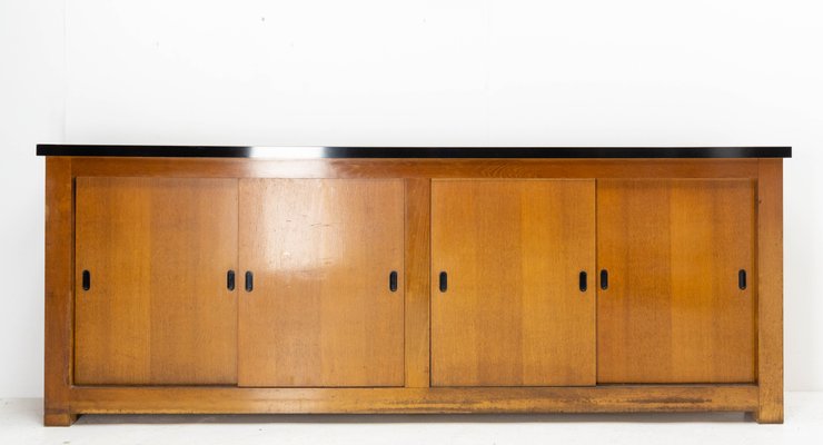 Mid-Century French Oak Buffet Enfilade Sideboard Credenza with Four Sliding Doors-RIU-1195634