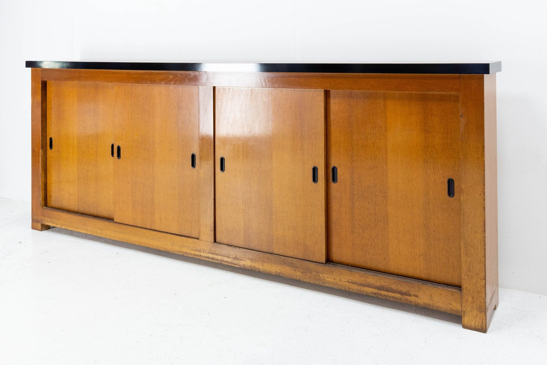 Mid-Century French Oak Buffet Enfilade Sideboard Credenza with Four Sliding Doors