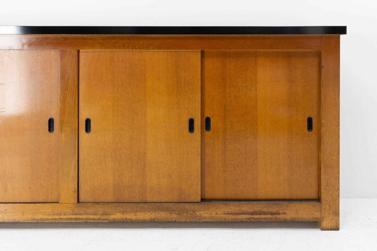 Mid-Century French Oak Buffet Enfilade Sideboard Credenza with Four Sliding Doors