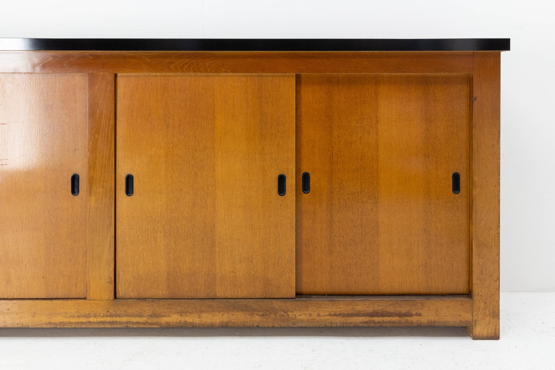 Mid-Century French Oak Buffet Enfilade Sideboard Credenza with Four Sliding Doors