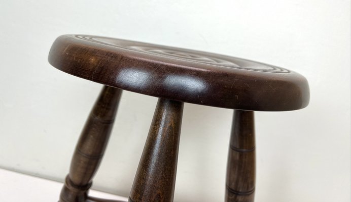 Mid-Century French Oak Tripod Stool in the Style of Charles Dudouyt, 1950s-WZZ-1447354