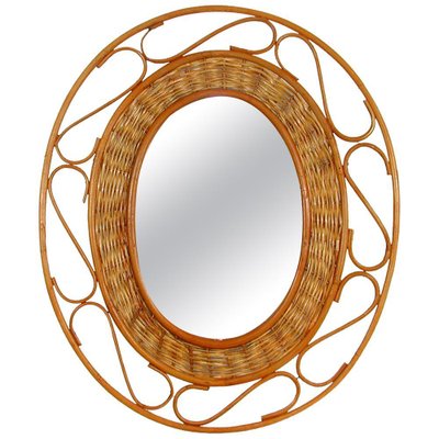 Mid-Century French Oval Rattan and Wicker Wall Mirror, 1950s-OE-897797