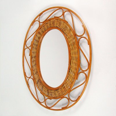 Mid-Century French Oval Rattan and Wicker Wall Mirror, 1950s-OE-897797