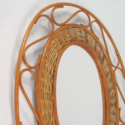 Mid-Century French Oval Rattan and Wicker Wall Mirror, 1950s-OE-897797