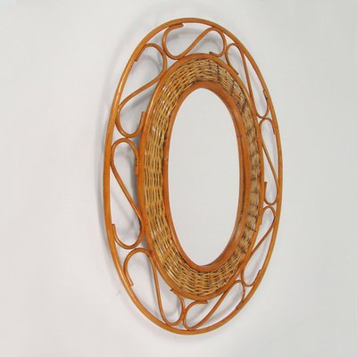 Mid-Century French Oval Rattan and Wicker Wall Mirror, 1950s-OE-897797