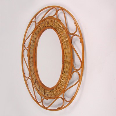 Mid-Century French Oval Rattan and Wicker Wall Mirror, 1950s-OE-897797