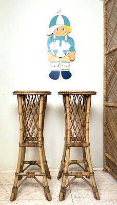 Mid-Century French Rattan and Bamboo Plant Stands, Set of 2-WZZ-1312043