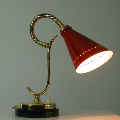 Mid-Century French Red Brass and Marble Gooseneck Table Lamp, 1950s-OE-897846