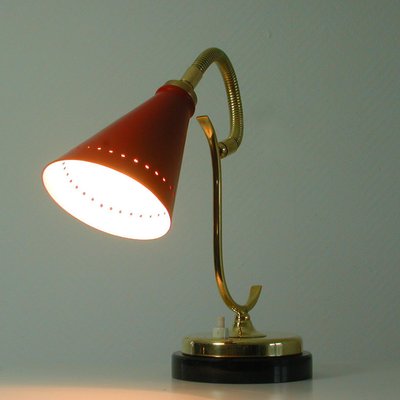 Mid-Century French Red Brass and Marble Gooseneck Table Lamp, 1950s-OE-897846